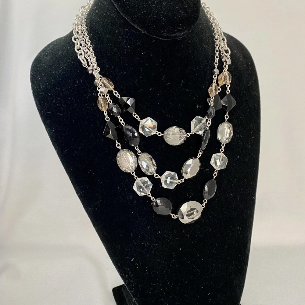 Crystal Black Gray Beaded Triple Strand Glass Necklace White House Black Market